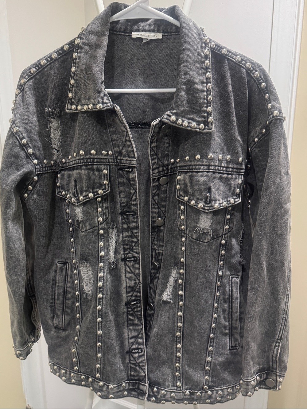 Adele B. Studded Distressed Denim Jacket – "Til' Death" Skeleton Back Graphic